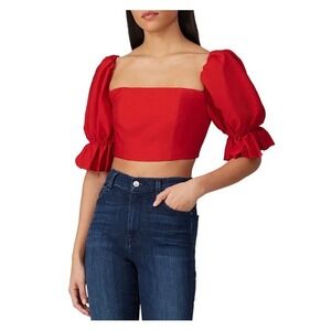 C/MEO Collective Still Feel Red Puff Sleeve Crop Top Square Neck Ruffle Cuff